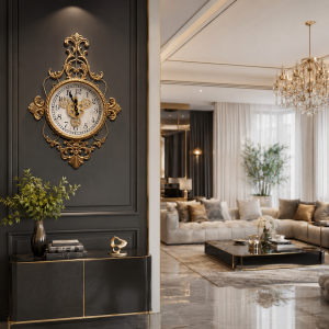 Horloge métal doré cadran ivoire engrenages apparents
